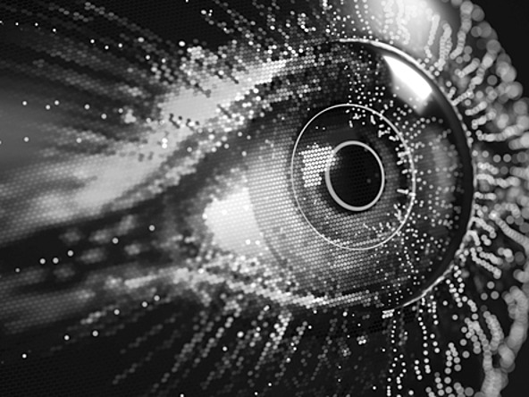 haunting black and white image of a cybernetic eye